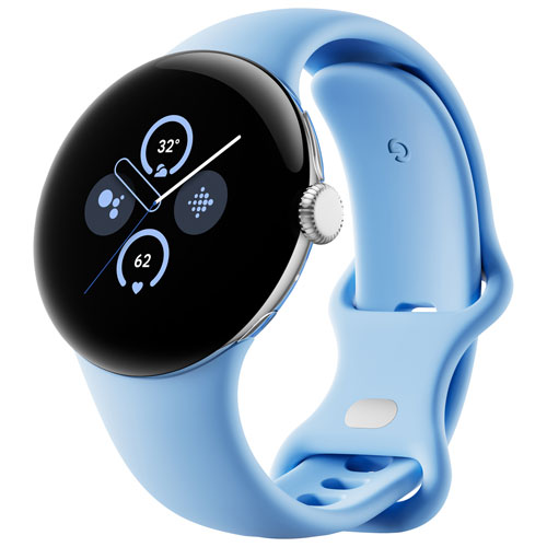 Montre Pixel Watch 2 (GPS) de Google avec boîtier en aluminium argenté de 40 mm et bracelet sport bleu ciel