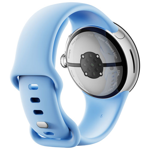 Montre Pixel Watch 2 (GPS) de Google avec boîtier en aluminium argenté de 40 mm et bracelet sport bleu ciel